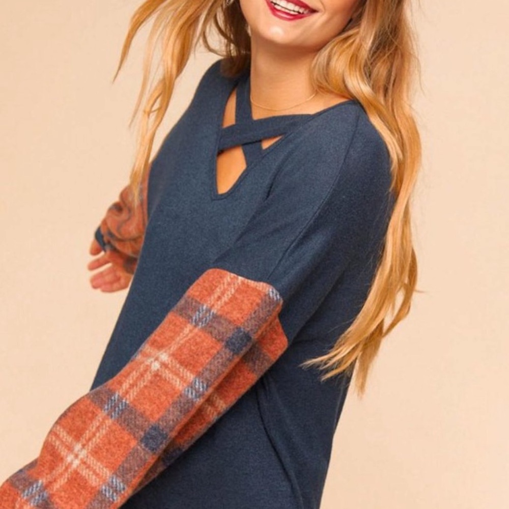 Haptics | Criss Cross Neck & Plaid Sleeves Top